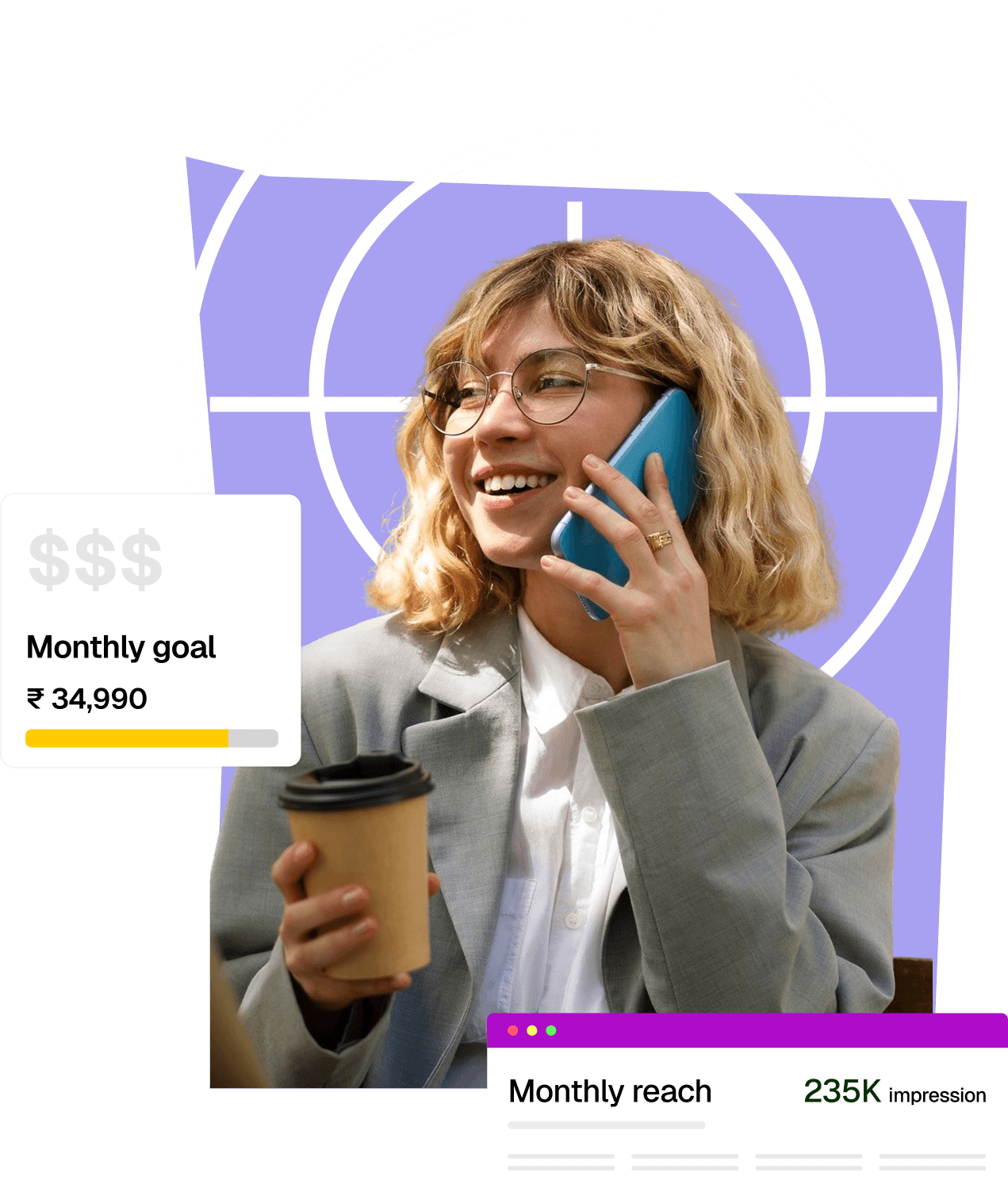 Marketing professional on phone with analytics dashboard